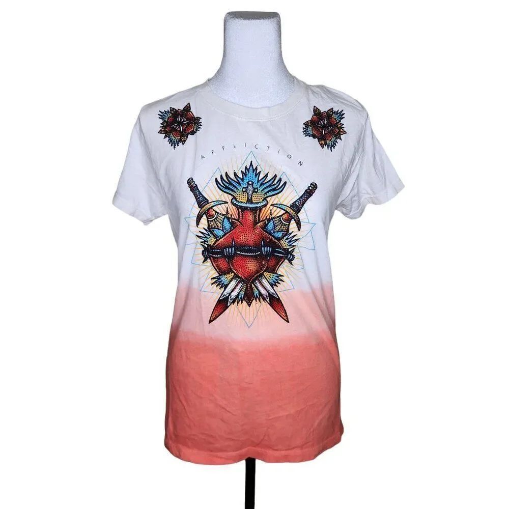Black Label Affliction Cut Outs TShirt Womens M Orange Bling Hearts Daggers NEW